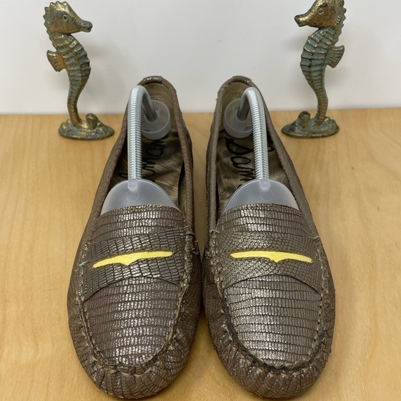 Sam Edelman Crocodile Pattern Metallic Leather Taupe Driving Moc/Penny Loafer 11 - Picture 1 of 10